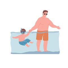 Vector cartoon family characters doing sports together,dad and little boy learn to swim in pool-happy childhood,sporty healthy family relationships social concept,web site banner ad design