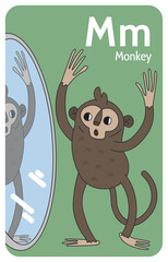 Monkey M letter. A-Z Alphabet collection with cute cartoon animals in 2D.Monkey standing with raised arms and looking surprised in the mirror. Hand-drawn funny simple style.