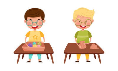 Creative kids playing Montessori educational games set. Boy and girl playing with colorful balls and clay cartoon vector illustration