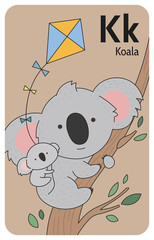 Koala K letter. A-Z Alphabet collection with cute cartoon animals in 2D. Koala sitting on a tree. Koala with a baby on the back looking at camera and flying a kite. Hand-drawn funny simple style.