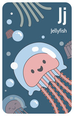 Jellyfish J letter. A-Z Alphabet collection with cute cartoon animals in 2D. Jellyfish swimming under the water. Pink sea jelly looking at camera and smiling. Hand-drawn funny simple style.