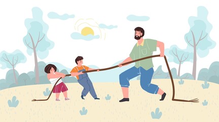 Vector cartoon family characters doing outdoor sports together,dad and kids do rope pulling in park-happy childhood,sporty healthy family relationships social concept,web site banner ad design