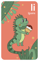 Iguana I letter. A-Z Alphabet collection with cute cartoon animals in 2D. Iguana standing and looking aside. Green iguana smiling and eating ice cream. Hand-drawn funny simple style.