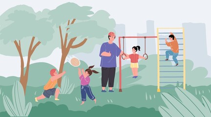 Vector cartoon family characters doing outdoor sports together,dad and little kids do exercises on gymnastic wall rings in park-happy childhood,sporty healthy family concept,web site banner ad design