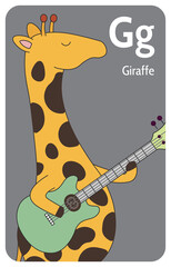 Giraffe G letter. A-Z Alphabet collection with cute cartoon animals in 2D. Giraffe with closed eyes standing and playing guitar. Hand-drawn funny simple style.