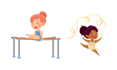 Kids gymnasts practicing with sports equipment. Girls doing rhythmic and sports gymnastics exercise with ribbon and horizontal bars cartoon vector illustration