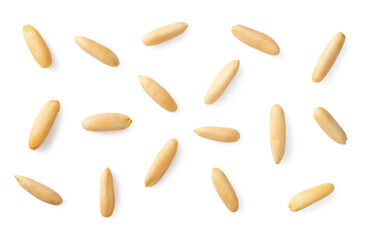 Shelled European pine nuts isolated on white background, top view.