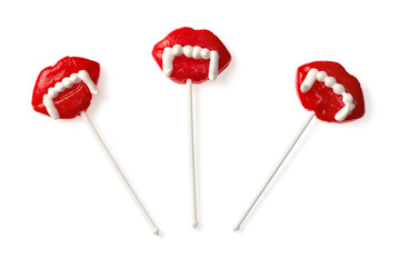 Halloween vampire candies isolated on white background, top view