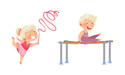 Kids gymnasts practicing with sports equipment. Children doing rhythmic and sports gymnastics exercise with ribbon and horizontal bars cartoon vector illustration