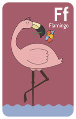 Flamingo F letter. A-Z Alphabet collection with cute cartoon animals in 2D. Flamingo standing in water on one leg. Pink flamingo sleeping and holding flowers in the beak. Hand-drawn funny simple style