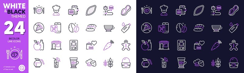 Frappe, Food delivery and Coffee maker line icons for website, printing. Collection of Romantic dinner, Peanut, Food order icons. Gluten free, Water bottle, Gingerbread man web elements. Vector - obrazy, fototapety, plakaty