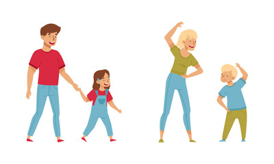 Fototapeta premium Family members spending time together set. Parents and kids walking and doing sports vector illustration