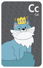 Cat C letter. A-Z Alphabet collection with cute cartoon animals in 2D. Cat sitting with a crown on the head. Blue cat grinning and looking superciliously. Hand-drawn funny simple style.