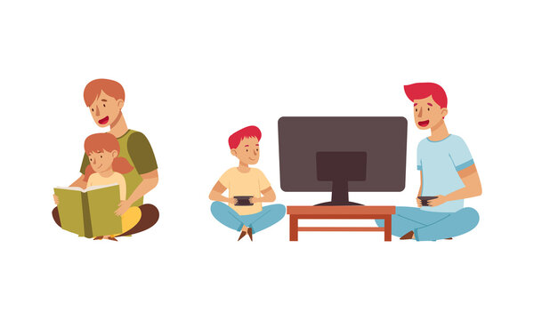 Family watching TV and reading book. Parents and kids spending time together vector illustration