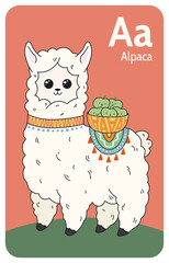 Alpaca A letter. A-Z Alphabet collection with cute cartoon animals in 2D. Alpaca standing and looking at camera. Smiling white alpaca with a basket of apples on the back. Hand-drawn funny simple style
