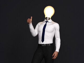 3d render : businessman with light bulb head, Objects with clip arts for design work
