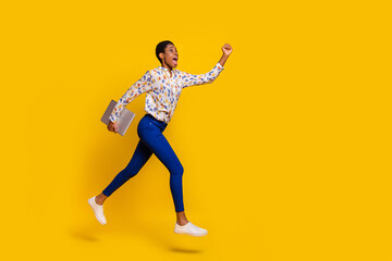 Fototapeta na wymiar Full body profile photo of amazed crazy person run look copyspace isolated on yellow color background
