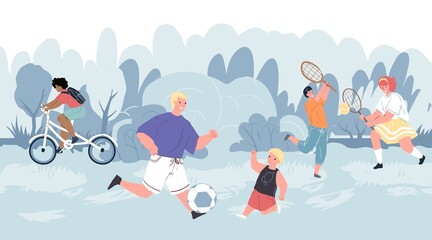 Vector flat cartoon characters,parents and kids doing outdoor sports,play badminton and football,ride bike in park-happy childhood,sporty healthy family social concept,web site banner ad design