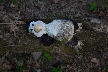 Dirty Stuffed penguin left in the forest to decay.