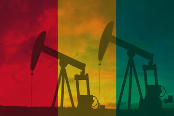 Guinea oil industry concept, industrial illustration. Guinea flag and oil wells, stock market, exchange economy and trade, oil production