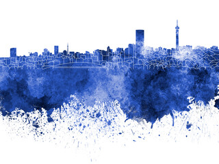 Naklejka premium Johannesburg skyline in blue watercolor on white background