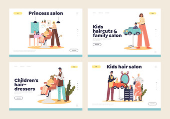 Kids barbershop and hairdressing salon concept of landing pages set with hairdressers making haircut