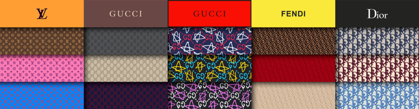 Official Patterns seamless texture: Louis vuitton, Gucci, Gucci ghost, Fendi, Dior. Vector illustration EPS10