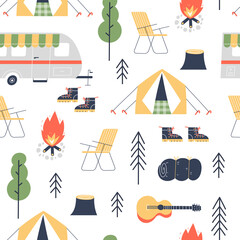 Hand drawn seamless pattern with stuff for camping.  - 499766279
