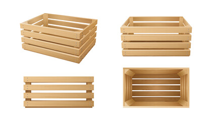 Set of realistic wooden boxes, baskets for transportation and delivery of food, fruits, vegetables
