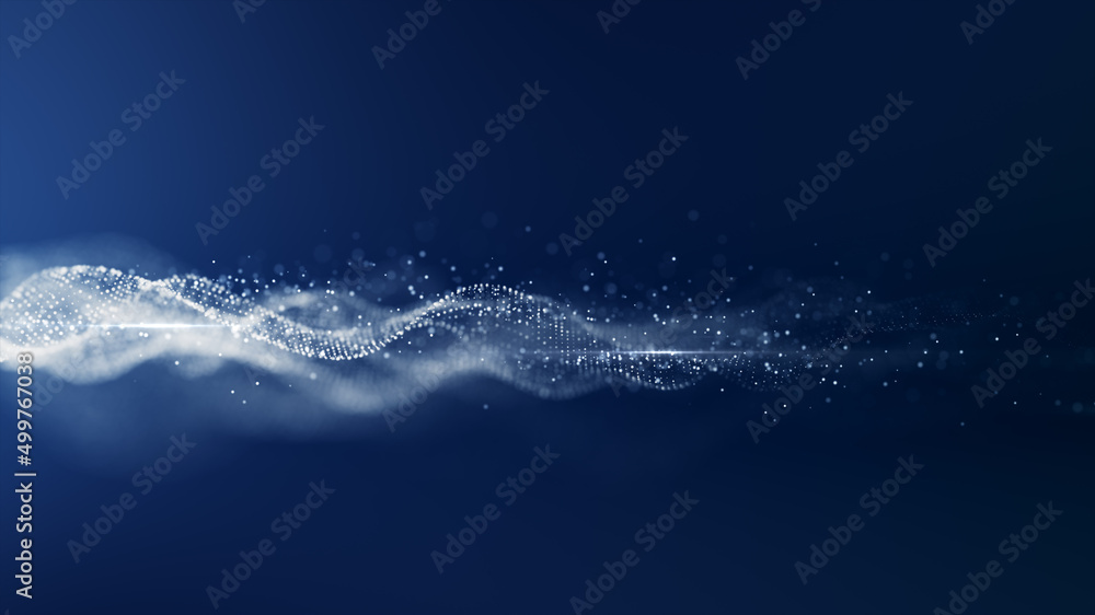 Poster abstract digital particle wave and light with flowing small particles dance motion on the wave and l