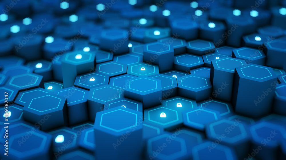 Poster Security concept. Futuristic surface with locks is located on hexagon. Trendy sci-fi technology background with hexagonal pattern. Minimal hexagonal grid pattern animation in light blue. 3D Render.