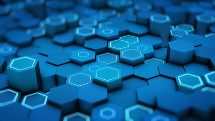 Abstract futuristic surface concept with hexagons. Trendy sci-fi technology background with hexagonal pattern. Minimal hexagonal grid pattern animation in light blue. 3D Render.