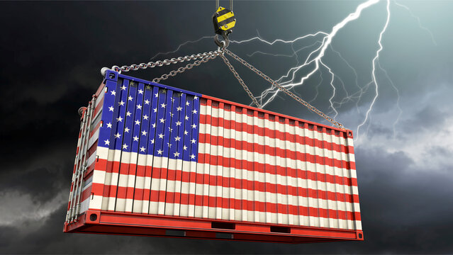 Amerikanische Exportwirtschaft schw&auml;chelt - Container mit amerikanischer Flagge und Gewitter im Hintergrund