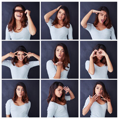 Shes a fun-loving soul. Composite shot of a beautiful young woman posing in the studio.