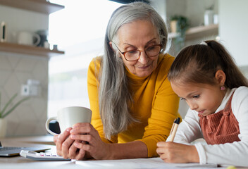 Small girl with senior grandmother doing homework at home.