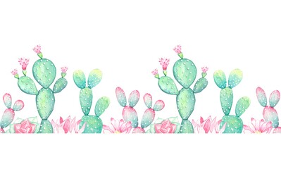 Watercolor seamless border with blooming cacti. Isolated on white background.