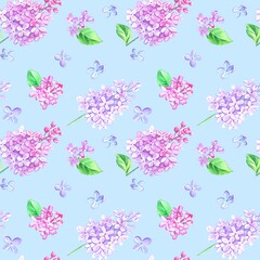Seamless pattern with lilac branches on a blue background