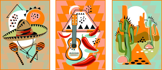 Vector set of posters in Mexican style. Plants, abstract forms, landscape, musical instruments, Mexican pepper. Collection of contemporary art