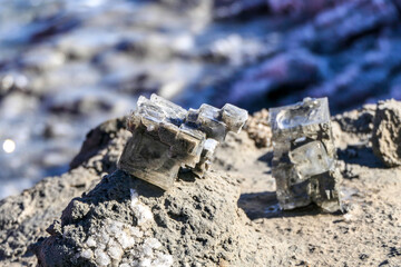 Closeup view of the Dead Sea mineral salt crystals. Selective focus.