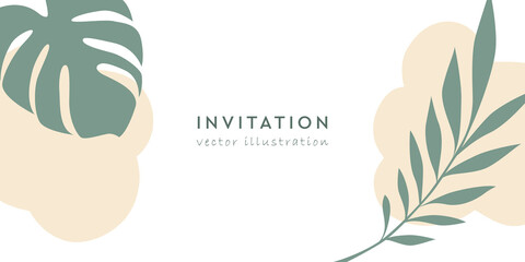 Fototapeta na wymiar bright invitation template with palm leaves on white background