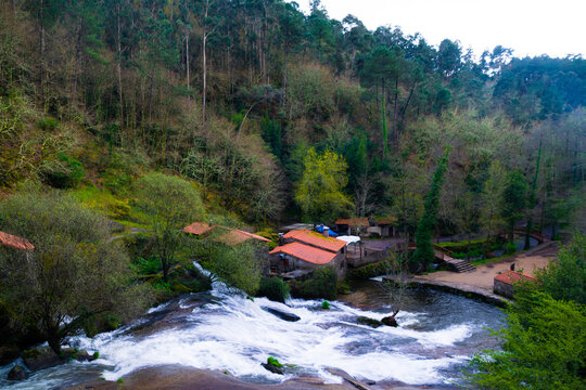 Aerial view of waterfall, Barosa Natural Park, Barro, Galicia, Spain