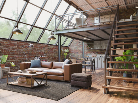 Industrial Style Loft Apartment with indoor balcony, 3d render
