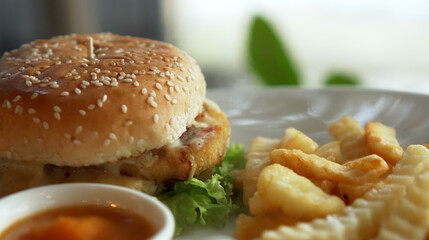 Vegetarian burger with red sauce and fries standing on a white plate