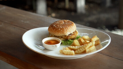 Vegetarian burger with red sauce and fries standing on a white plate
