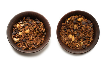Chocolate granola cereal with nuts in a bowl background.
