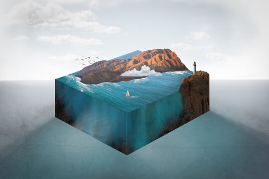 Three dimensional model of a lighthouse and coastal ocean landscape