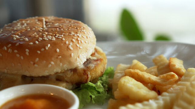 Vegetarian Burger With Red Sauce And Fries Standing On A White Plate