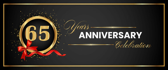 65 Years Anniversary Celebration Gold and Black Color Vector. anniversary celebration logotype with elegant modern number gold color for celebration, gold anniversary celebration, bow, ribbon, luxury.