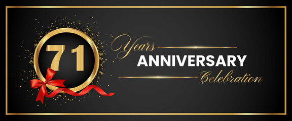 71 Years Anniversary Celebration Gold and Black Color Vector. anniversary celebration logotype with elegant modern number gold color for celebration, gold anniversary celebration, bow, ribbon, luxury.