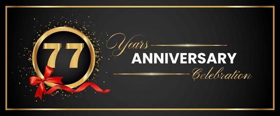 77 Years Anniversary Celebration Gold and Black Color Vector. anniversary celebration logotype with elegant modern number gold color for celebration, gold anniversary celebration, bow, ribbon, luxury.